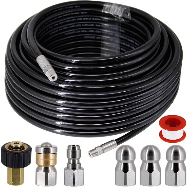 Twinkle Star Sewer Jetter Kit for Pressure Washer -100 ft Hose, 1/4 Inch NPT, Drain Cleaning Hose, Button Nose & Rotating Sewer Jetting Nozzle, Orifice 4.0, 4.5, 5.5, 4000 PSI