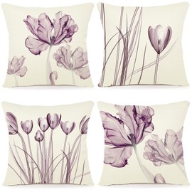 ZWJD Flower Cushion Cover, 40 x 40 cm, Set of 4, Outdoor Cushion Covers, Linen Cushion Covers, Floral Watercolour Painting, Cushion Covers for Sofa, Living Room, Decorative Cushion, 40 x 40 cm