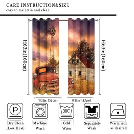 Kazynee Rustic Farm Old Truck Room Darkening Blackout Window Curtains with Grommets,Western Country Farmhouse Sunset Nature Scenery Energy Efficient Window Treatment 2 Panels 63L x 21W