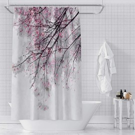 OERJU Cherry Blossoms Shower Curtain Pink Flower Japanese National Flower Bath Curtain Waterproof Polyester Fabric Bathroom Decor Set with Hooks 72x84inch