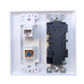 BOPLAT 2 Gang Ethernet Coax Wall Plate with 20Amp Power Outlet - Duplex Receptacle Outlet Cover Plate with Coaxial Ethernet +1 Port CAT6 + 1 Coax Cable TV F Type Jack- White