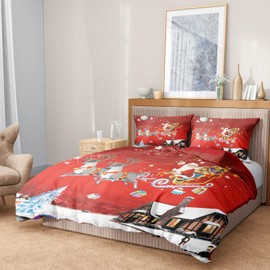 AVJWWD Christmas Bedding Set, Santa Claus and Elk, Snowman, Reindeer Pattern Duvet Cover Set with Pillowcases, Christmas Decoration, Gift Set (Red Sleigh, 135 x 200 cm)