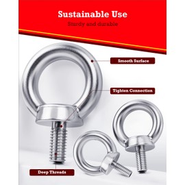 YOOPIN Eye Bolt M10, Pack of 6 Eye Bolts, 304 Stainless Steel Eye Bolt, Eye Bolt with Thread, Stainless Steel Eye Bolt for Mounting Technology and Various Technical Lifting Devices