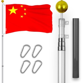 G128 Combo Pack: 16 Ft Telescoping Aluminum Flagpole (Silver) & China Chinese Flag 3x5 Ft, ToughWeave Series Embroidered 300D Polyester | Pole with Flag Included