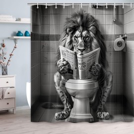 JAWO Funny Cool Lion Shower Curtain, Fun Leo Wild Masculine Animal Humor Leo Animal on Toilet Shower Curtains Set, African American Grey and White Mens Shower Curtains Bathroom with Hooks 72x72