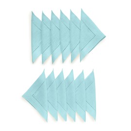Solino Home Linen Cocktail Napkins 6 x 6 Inch – 100% Pure Linen Fabric Aqua Blue Cloth Napkins Set of 12 – Classic Hemstitch Beverage Cocktail Napkins – Handcrafted