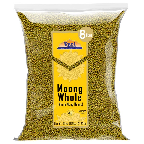 Rani Moong Whole (Ideal for cooking & sprouting, Whole Mung Beans with skin) Lentils Indian 128oz (8lbs) 3.63kg Bulk ~ All Natural | Gluten Friendly | Non-GMO | Kosher | Vegan | Indian Origin