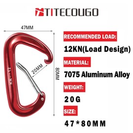TITECOUGO 12KN Aluminium Carabiner Clip Big Size Carabiners for Clips Backpacking Weights Heavy Duty Large Hammock Accessories Key Chain Dog Leash Keyring Gated Harness Wiregate Utility Red 1 Pack
