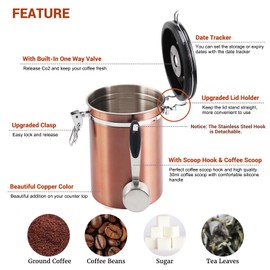 MAGICAFÉ Airtight Coffee Bean Container - Co2 Valve Coffee Bean Canister with Scoop for Ground Coffee Large Copper 21oz