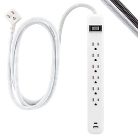 GE 6-Outlet Power Strip with USB, 1 USB-A & 1 USB-C, Outlet Extender, 6 Ft Braided Extension Cord, Flat Plug, Charging Station, White, 82594