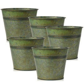 Briful 5PCS Galvanized Buckets 7.1In Rustic Farmhouse Metal Bucket Galvanized Flower Bucket Plants Pot, Home Indoor Outdoor Decor Tin Planter, Bronze
