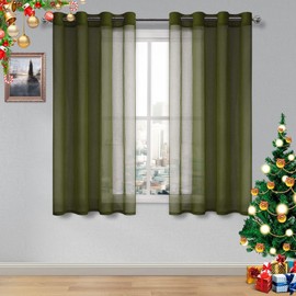 DWCN Olive Green Sheer Curtains for Living Room Bedroom Faux Linen Look Voile Drapes Grommet Top Window Curtain Panel 52 x 54 Inch Length, Set of 2 Panels