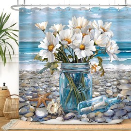 Vengaot Beach Summer Shower Curtain 72Wx72L Inches Ocean Theme Blue Floral Seaside Coastal Seascape Landscape View Tropical Hawaii Scene Sea Bathroom Set Modern Waterproof Fabric with 12 Plastic Hooks