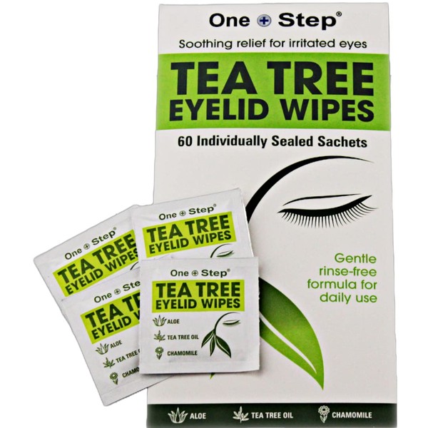 One Step Tea Tree Oil Eyelid Wipes, 60 Sachets, Natural, Aloe, Chamomile Daily Cleanser, Soothe, Relieve for Dry, Irritated, Tired, Itchy Eyes