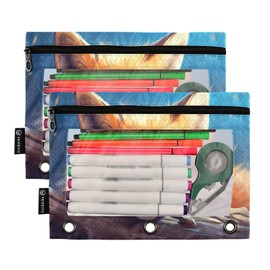 Coikll Cute Cartoon Fox Pencil Pouch Fits standard 3-ring binders, Zipper Binder Pencil Bag with Clear Window for Office 2 Pack