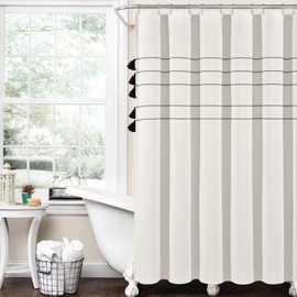 Lush Decor Farmhouse Boho Stripe Woven Tassel Yarn Dyed Cotton Shower Curtain, 72" x 72", Ivory