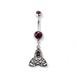 14GA 316L Stainless Steel Purple CZ Crystal Trinity Symbol Dangling Belly Button Ring, Metal, cubic zirconia