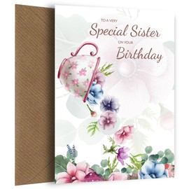 Traditional Sister Birthday Card for Her - Special Sister Floral Tea Cup Bday Cards for Her with Lovely Words - Watercolour Birthday Card for 18th 19th 20th 25th 30th