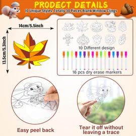 Qyeahkj 30 Set Thanksgiving Fall Arts Crafts for Kids Autumn Pumpkin Window Suncatcher Craft Kit DIY Turkey Coloring Craft Window Cling Sticker with Markers Harvest Party Gift for Home Classroom Decor