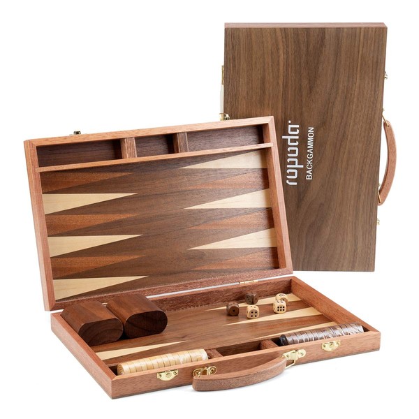ropoda Sapele Wood Backgammon Board Game Set (15 Inches) for Adults and Kids - Classic Board Strategy Game - Portable and Travel Backgammon Set with Wooden Playing Pieces and Accessories