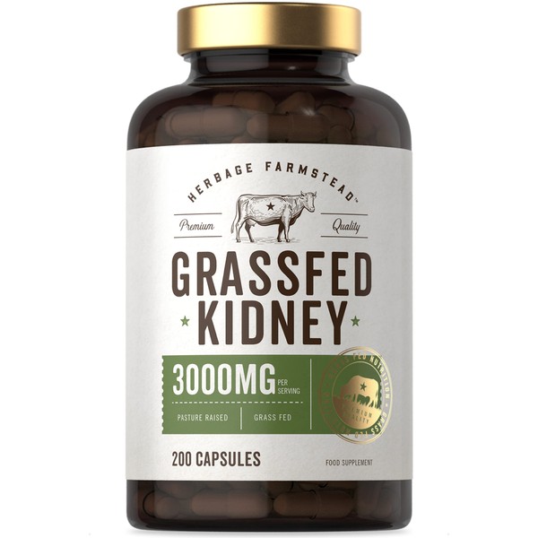 Grass Fed Beef Kidney Supplement | 3000mg | 200 Capsules | Dried & Desiccated | No Artificial Preservatives | by Herbage Farmstead