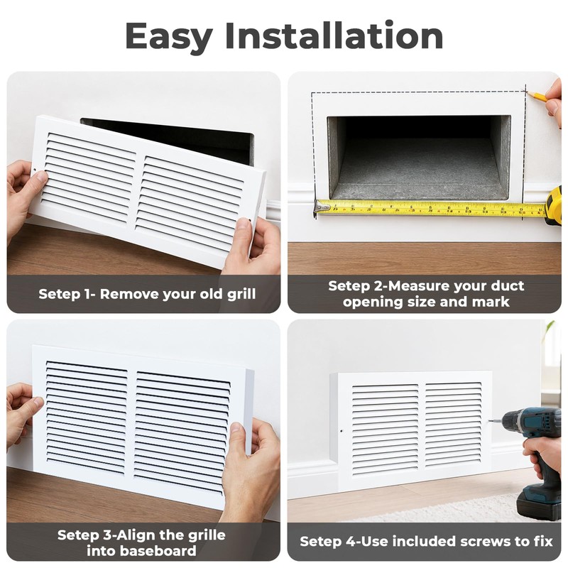 30x6 Baseboard Return Air Grille for 30"Wx6"H Duct Opening, 7/8"
