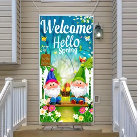 BlissYard Spring Door Banner Door Cover 70x35 Door Covers Decorative Vibrant Gnome Welcome Sign Spring Backdrop Front Door Decorationsfor Front Door, Porch, and Springtime Décor