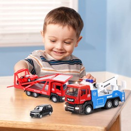 Winrayk 4Pcs Tow Truck Toys & Transport Vehicles Set, Pull Back Toy Trucks with Light and Sound, 1:50 Scale Metal Diecast Trailer Toys & 2 Mini Cars, Boys Kids Birthday Gifts Age 3 4 5 6 7 8 Years Old