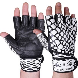 LETHAL MODE Gym Gloves Weight lifting Gloves Wrist support 36CM Adjustable Straps for Men Women Anti Slink Padded Gloves Extra Grip Palm Protection Workout Gloves (White - Short Wrist Strap, L)