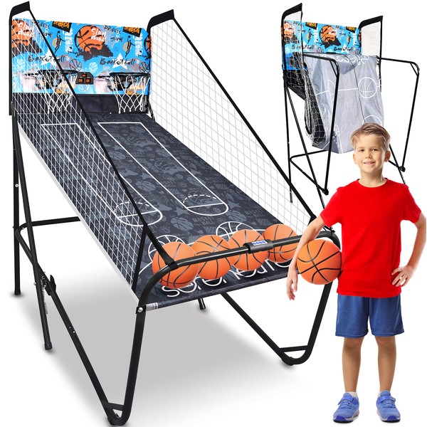 SereneLife Dual Hoop Basketball Shootout Indoor Home Arcade Room Game with Electronic LED Digital Double Basket Ball Shot Scoreboard & Play Timer Fold-up Court Shooting Sports for Kids&Adults Player