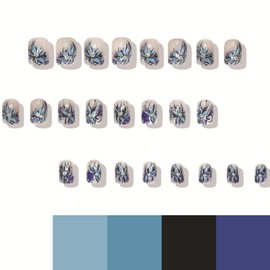 24pcs Blue Flower Press on Nails Short Square French Tip Fake Nails Romantic Blue Flowers Glitter Design French Nails Press ons False Nails Luxury Nail Charms Rhinestones Nails for Women Daily Wear