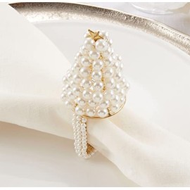 Fennco Styles Spiral Faux Pearl Beads Napkin Rings, Set of 4 - Gold Metal Napkin Holders for Home, Dining Room, Banquet, Wedding, Holiday Décor, Special Occasion