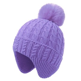 MEJORMEN Toddler Earflap Beanie Hat for Girls Boys Pom-pom Knit Warm Winter Skull Cap Purple