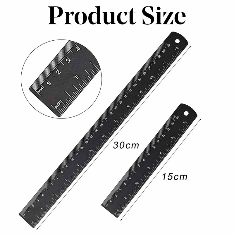 2 Pcs 30cm&15cm Metal Ruler, Stainless Steel Ruler Black Metal