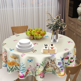ABSOP Easter Tablecloth Round 60 Inch Spring Floral Tablecloth Farmhouse Bunny Easter Table Cloth for Dining Room Kitchen Holiday Picnic Party Indoor or Outdoor Decor