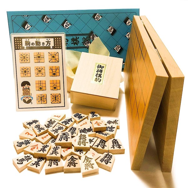Shogi Set, Shinkatsura No. 5 Folding Shogi Board and Kaede Pressed Shogi Pieces (Suzukado Original Pieces Movement Card Included)