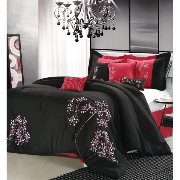 Chic Home Pink Floral 8-Piece Embroidered Comforter Set, Queen, Black