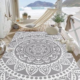 Bsmathom Waterproof Outdoor Rug 8'x10' Reversible Boho Plastic Straw Patio Deck Camping Rugs, Indoor Outdoor Portable RV Mat Clearance Carpet for Outside, Porch, Balcony, Backyard, Beach, Pool,Grey