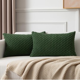 Kevin Textile Throw Pillow Covers 12x20 inch Soft Striped Decorative Cushion Cases with Hidden Zipper for Couch Sofa Bed 2 Pieces Dark Green