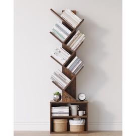 SUNMORY 6 Tier Tree Bookshelf, Small Bookcase with Storage Cabinet, Modern Tall Narrow Bookshelves Organizer, Floor Standing Book Shelf for Bedroom/Living Room/Home Office/Corner, Rustic Brown
