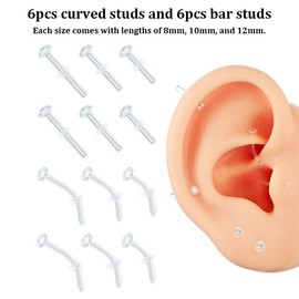 BOKABOO 12pcs Glass Piercing Retainers Set for Work/Surgery/Sports, 14g Curved Clear Nose Studs for Cartilage Tragus Conch Daith Helix Lip Nose Septum Eyebrow Nipple Tongue Belly Button