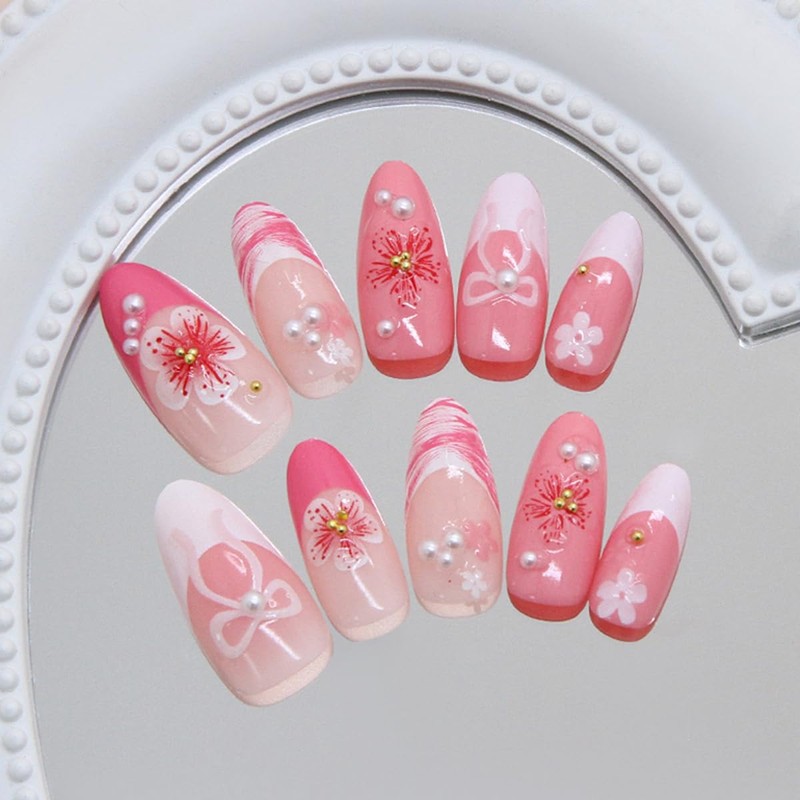 24 Pcs French Tip Press on Nails Short Almond Nail
