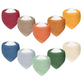 Miyacare Pack of 10 Baby Bibs Triangular Scarf, Super Absorbent, 100% Cotton, Baby Neckerchief with 4 Adjustable Press Studs, for Baby Boys and Girls, Colourful nature