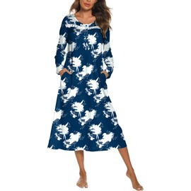 Ekouaer Long Sleeve Nightgowns for Women Long Sleepshirts Button Night Gowns Full Length Sleepwear with PocketsFloral Navy BlueXL