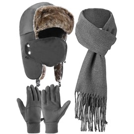 Zhehao Winter Trapper Hats, Knitted Scarf and Gloves Set Waterproof Plush Lined Trapper Hat Warm Soft Touchscreen Gloves (Dark Gray)
