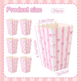 BOXOB 24pcs Pink Bow Popcorn Boxes, Small Snack Treat Bucket Cookie Candy Bowls Popcorn Cones Bags for Boys Girls Birthday Party Favor Supplies (White & Pink)