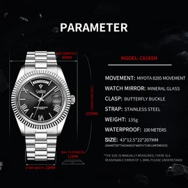 CADISEN Men Automatic Mechanical Watch Business Waterproof MIYOTA 8285 Movement Mens Wristwatch (Black)