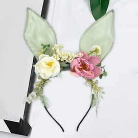 Fancyes Bunny Ears Headband Flower Hairband for Role Play Birthday Stage Performances, Green
