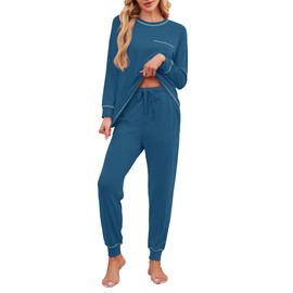 Becotal Soft Cotton Pajamas for Women Set 2 Piece Lounge Set Crewneck Long Sleeve Top and Jogger Pants Loungewear with Pocket Holiday Pjs Peacock Blue M