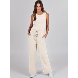 ANRABESS Womens Jumpsuits 2024 Casual Summer Dressy Romper Sleeveless Wide Leg Long Pants Outfits Fashion Travel Clothes Beige XX-Large